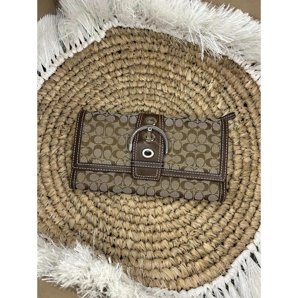Coach Vintage Signature Monogram Brown Leather Trim Wallet - Classic Y2K Accesss
